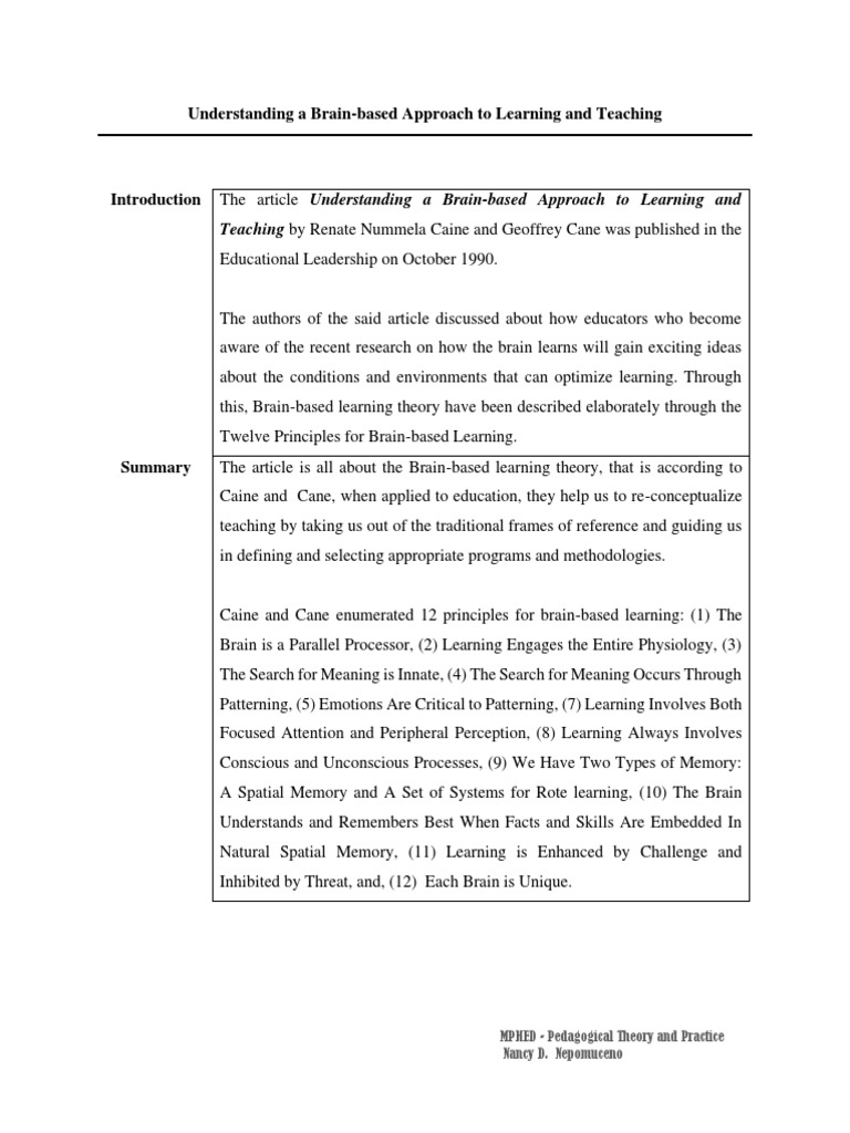 Brain-Based Theory Analysis | PDF | Learning | Learning Theory (Education)