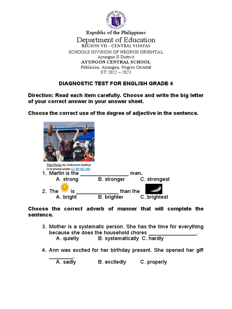 Diagnostic Test in English Grade 4 PDF Linguistics Languages