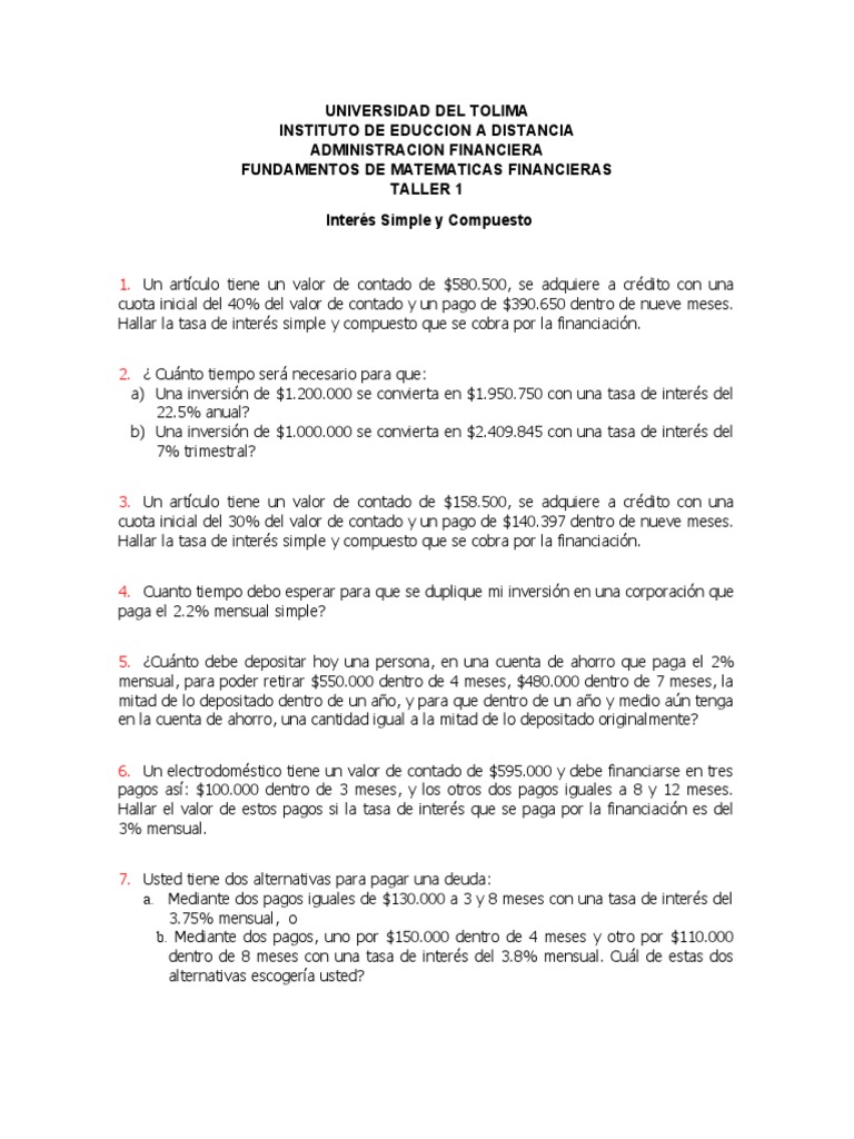 Taller de Interés Simple y Compuesto | PDF | Tasas de interés | Interés