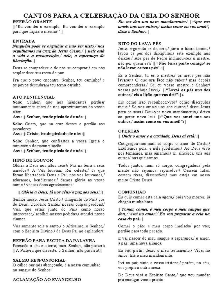 CANTOS PARA A CELEBRAÇÃO DA CEIA DO SENHOR | PDF | Eucaristia | Jesus
