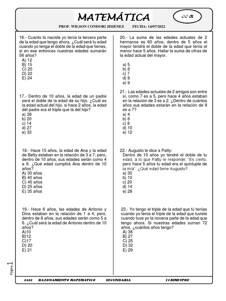 Problemas de Edades Matemáticas Secundaria | PDF