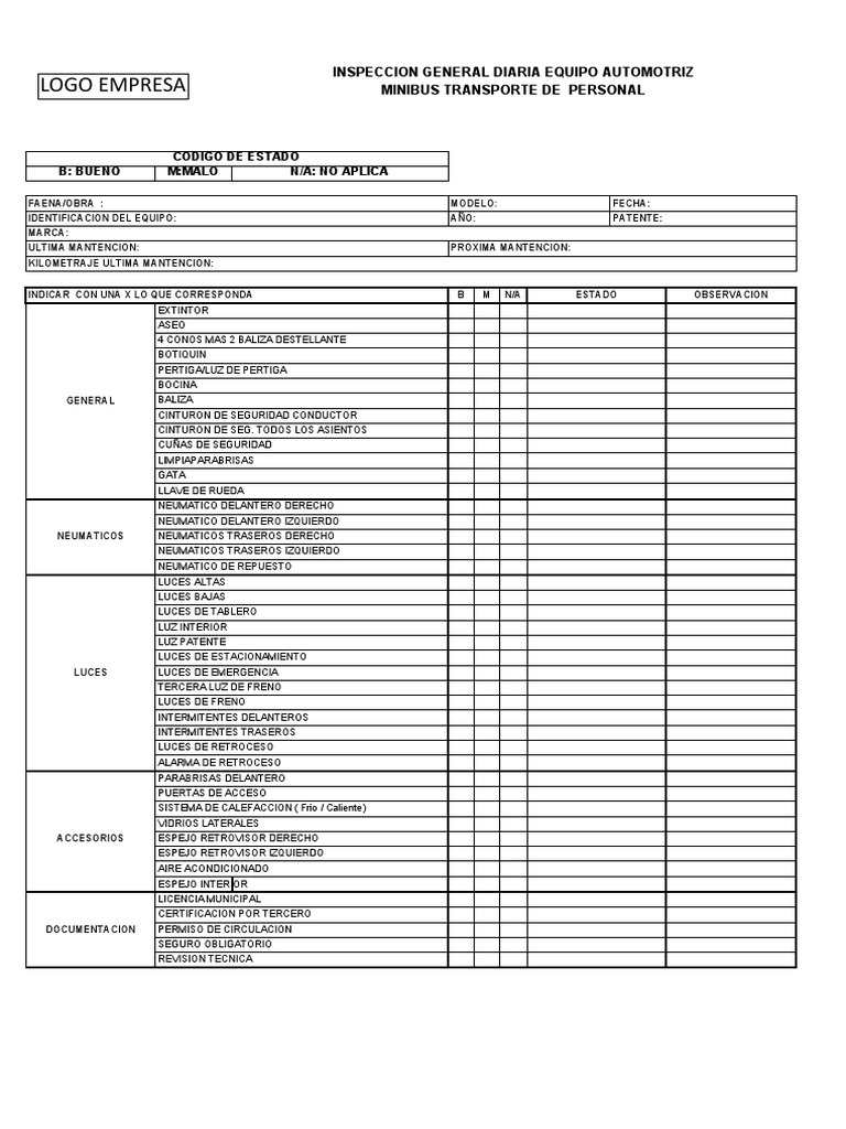 Checklist Minibus | Descargar gratis PDF | Neumático | Vehículo de motor