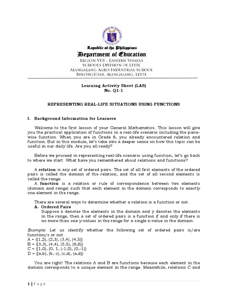 Representing real life situations using functions pdf function