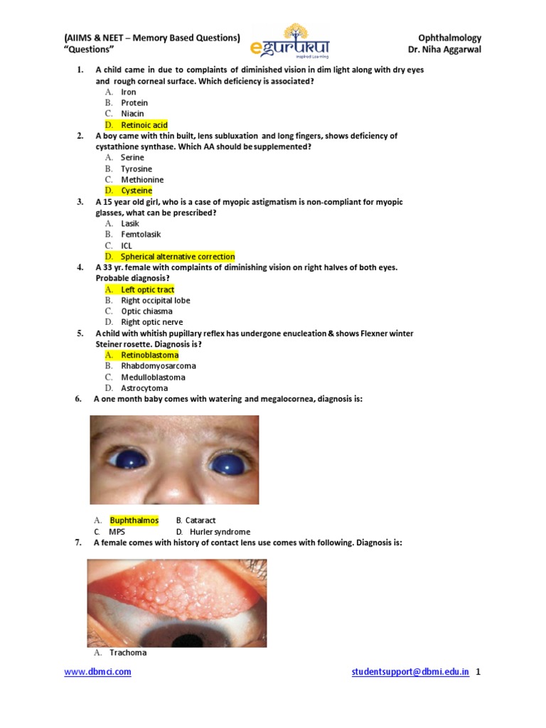 Ophthalmology Memory Questions for NEET | PDF | Glaucoma | Human Eye