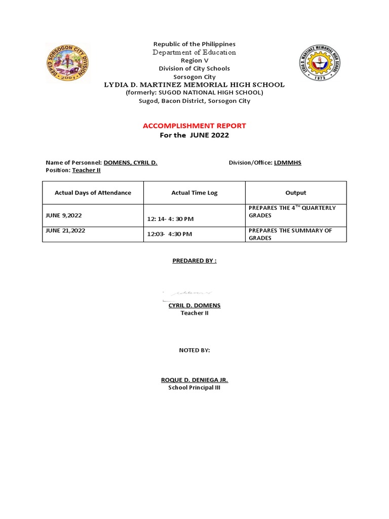 Accomplishment Report: For The JUNE 2022 | PDF