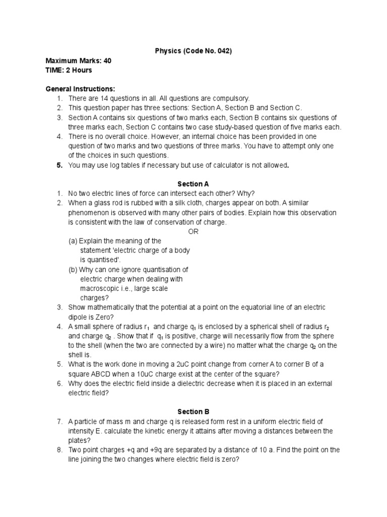 Physics code no 042 maximum marks 40 time 2 hours general