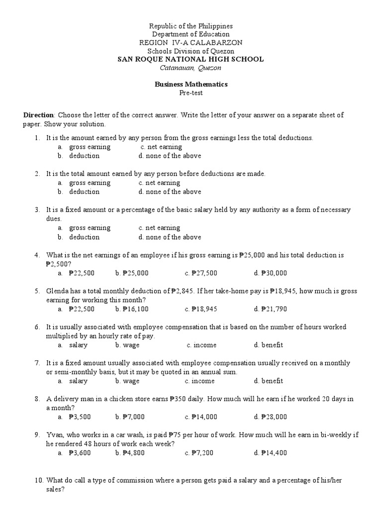 San Roque National High School Business Mathematics: Catanauan, Quezon ...