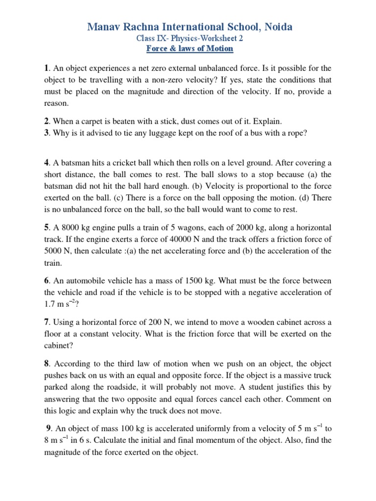 Worksheet 2 IX - Physics - Force & Law of Motion | PDF | Force ...