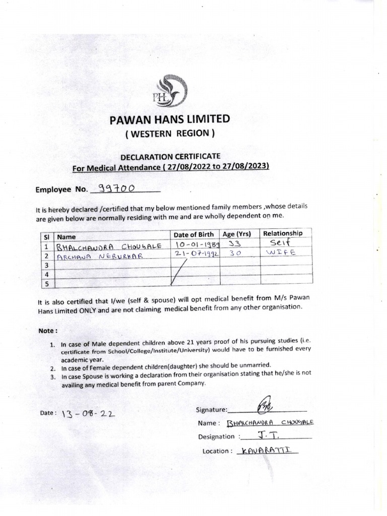 Corrected Mediclaim Form for 20222023 for Mr. Bhalchandra Chou PDF