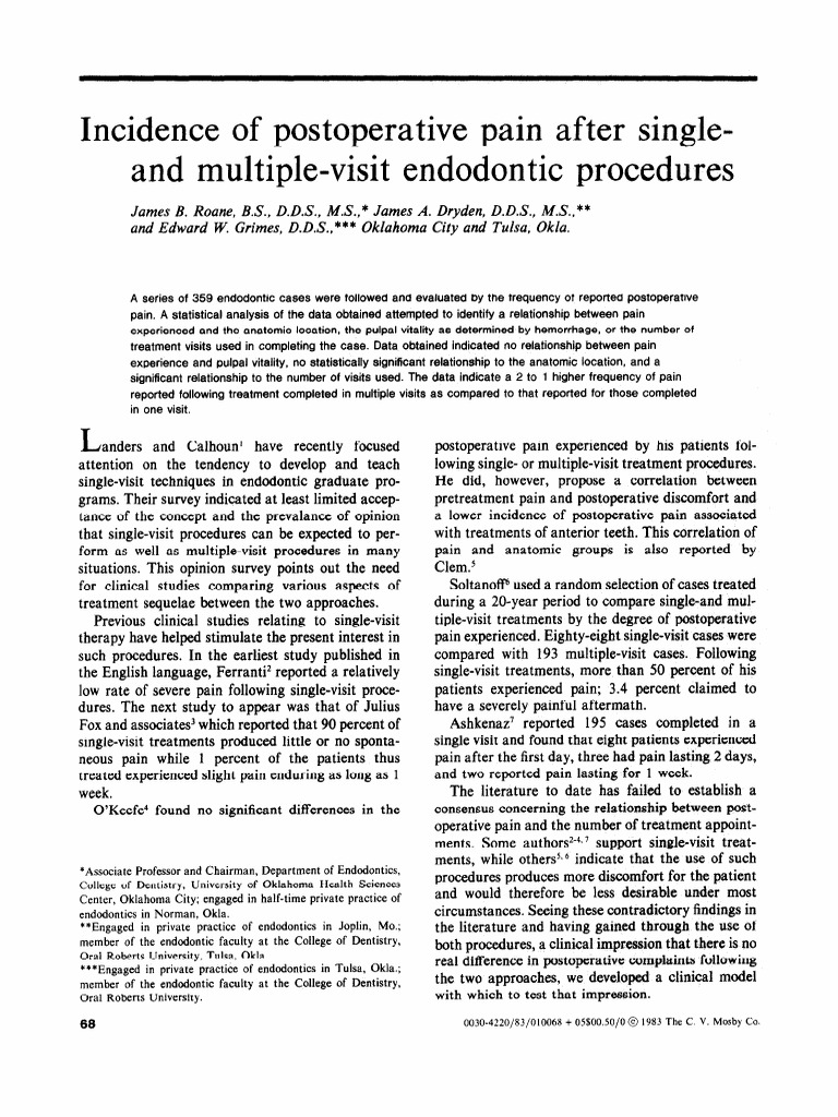 Incidence of Postoperative Pain After Single and Multiple Visit