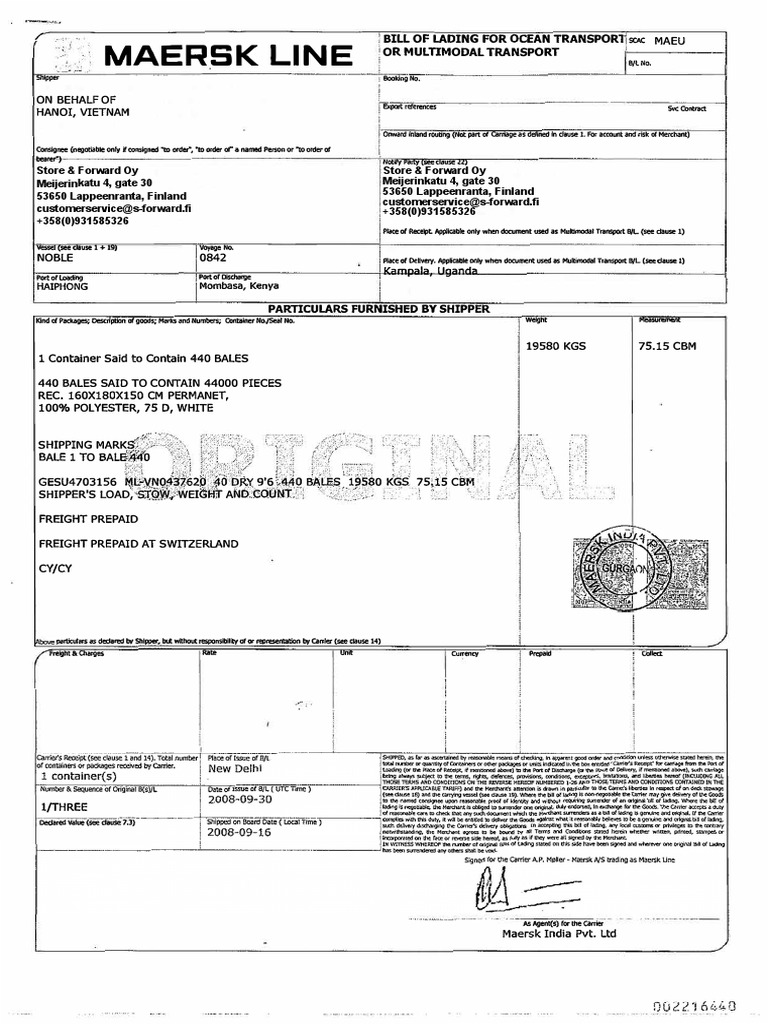Maersk Bill Of Lading Sample