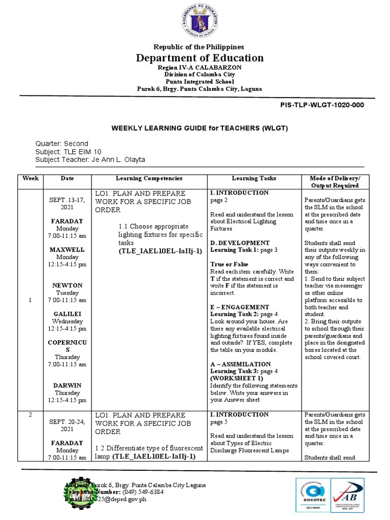 Weekly Learning Guide: TLE EIM 10 | PDF | Electrical Equipment | Lighting