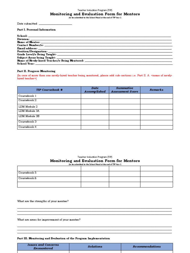 Monitoring and evaluation form for mentors teacher induction program