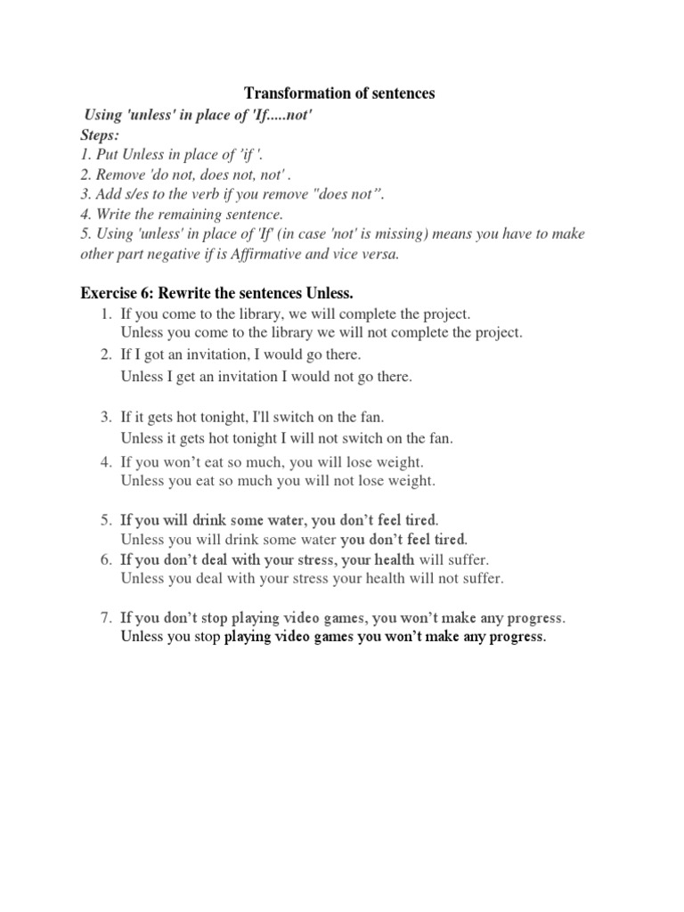 Transformation of Sentences- Using Unless | PDF