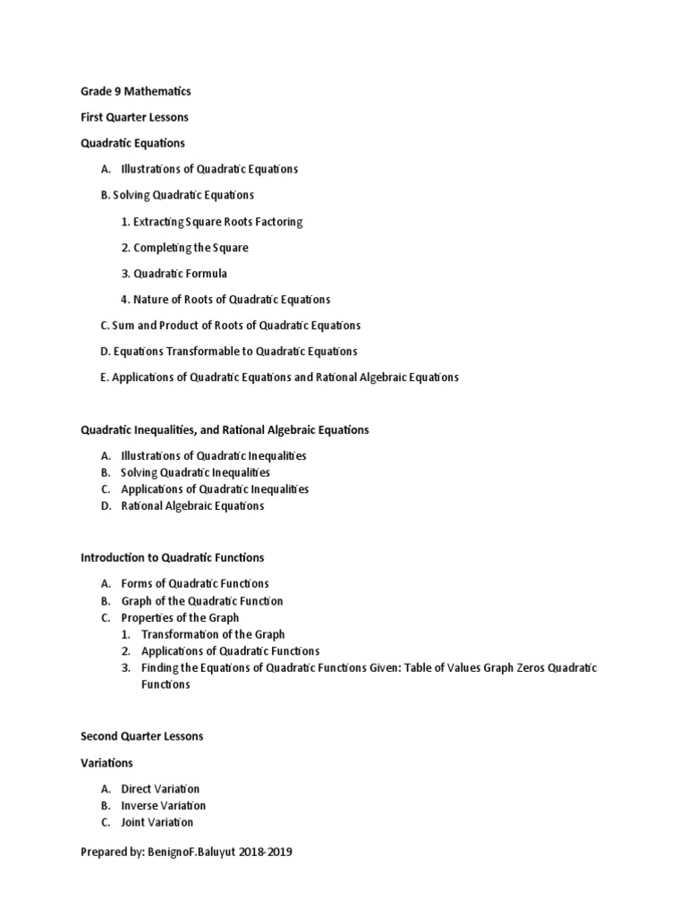 Grade 9 mathematics lessons coverage download free pdf