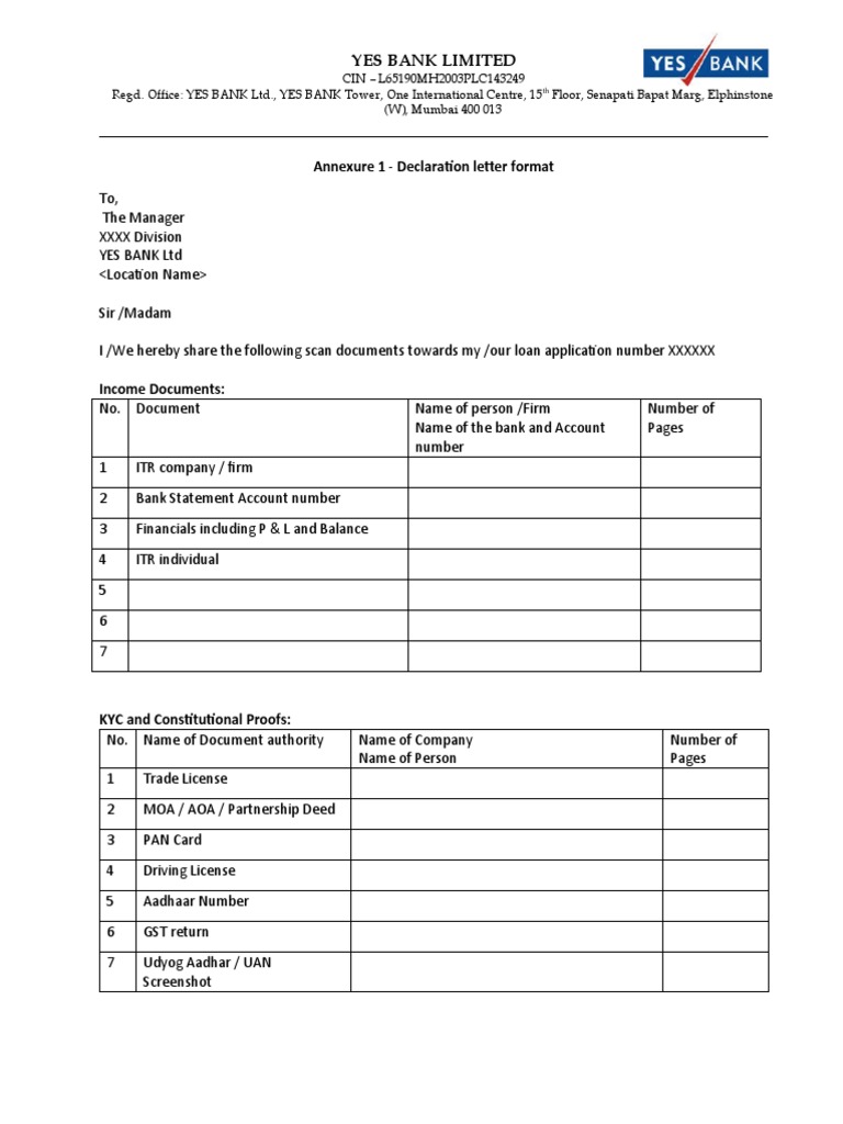 Annexure 1 Declaration Letter Format Yes Bank Limited PDF Banks