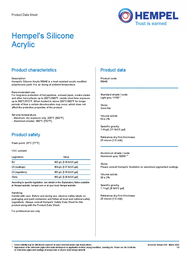 Hempel's Silicone Acrylic Product Characteristics Product Data PDF