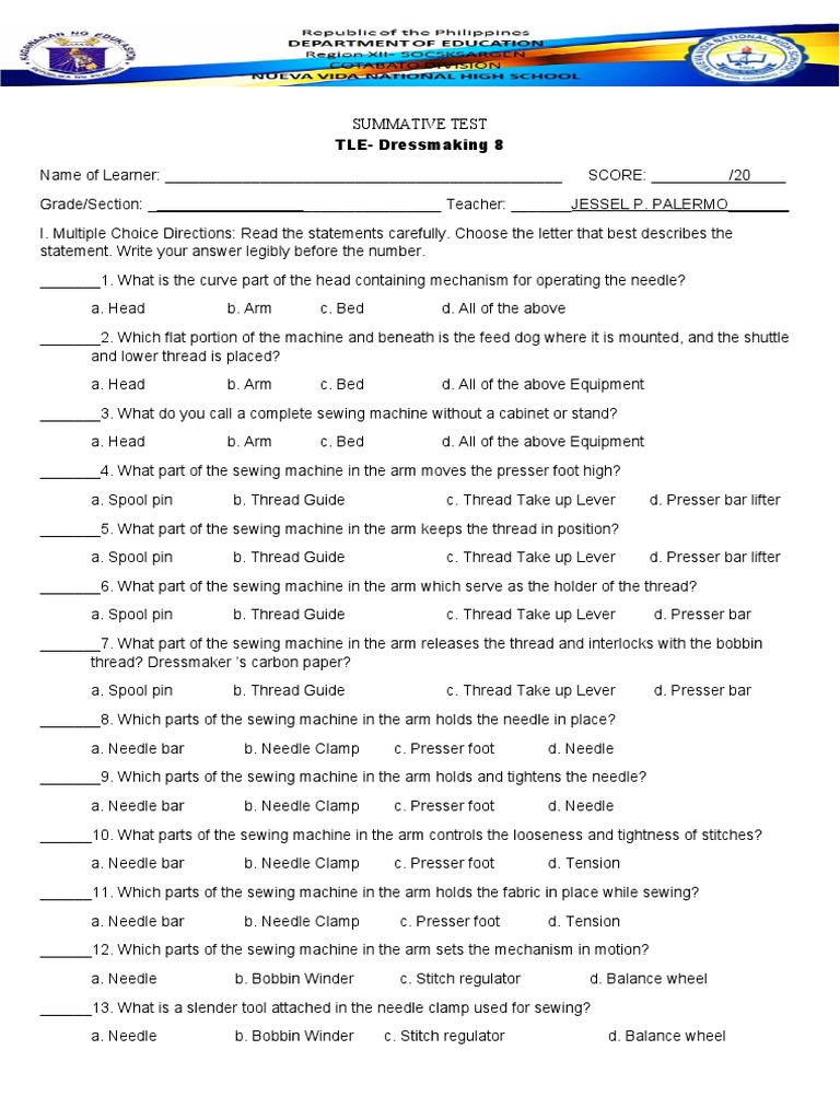 Dressmaking Test Questions & Answers | PDF | Sewing Machine ...