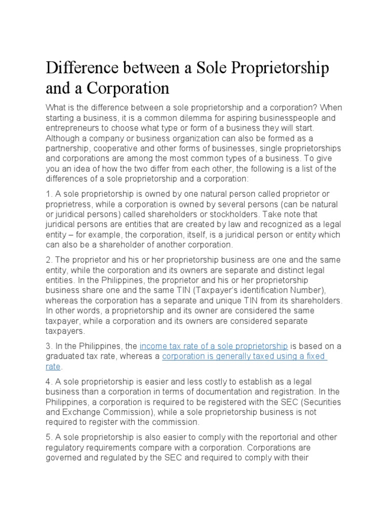 Sole Prop VS Corporation PDF Corporations Sole Proprietorship