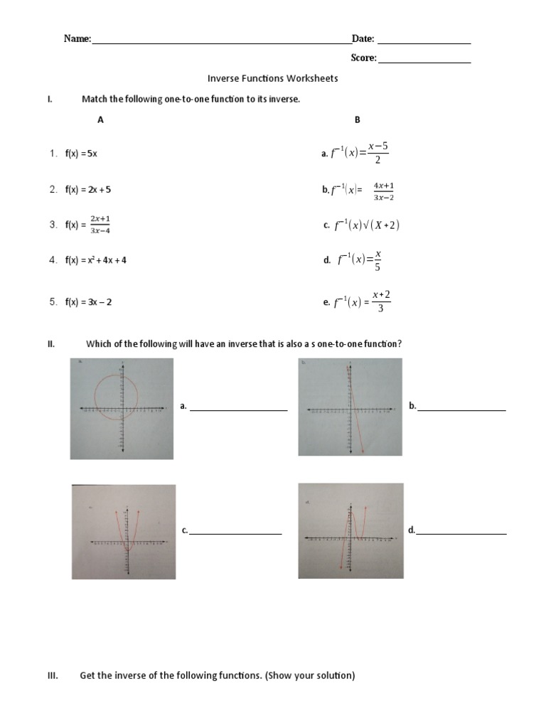 Inverse Functions Worksheets | PDF