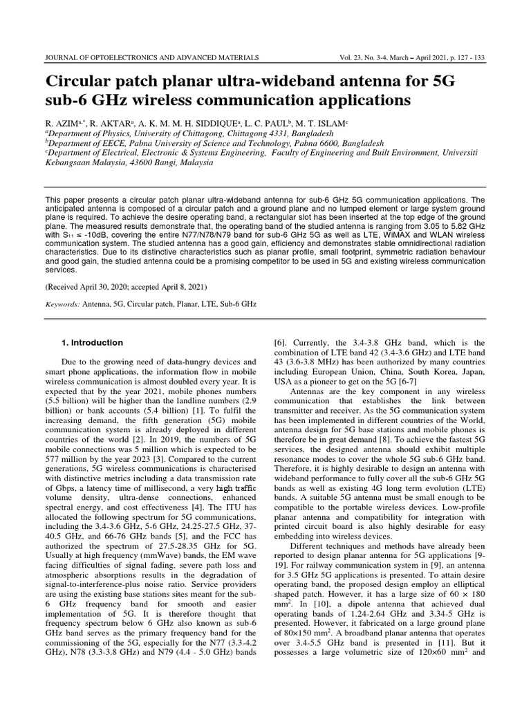 Circular Patch Planar Ultra-Wideband Antenna For 5G Sub-6 GHZ Wireless ...