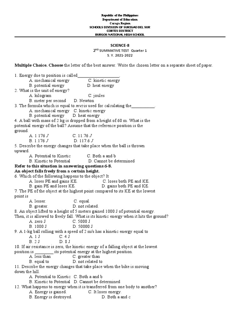 Science 8 2nd Summative Test: Energy Concepts | PDF | Kinetic Energy ...