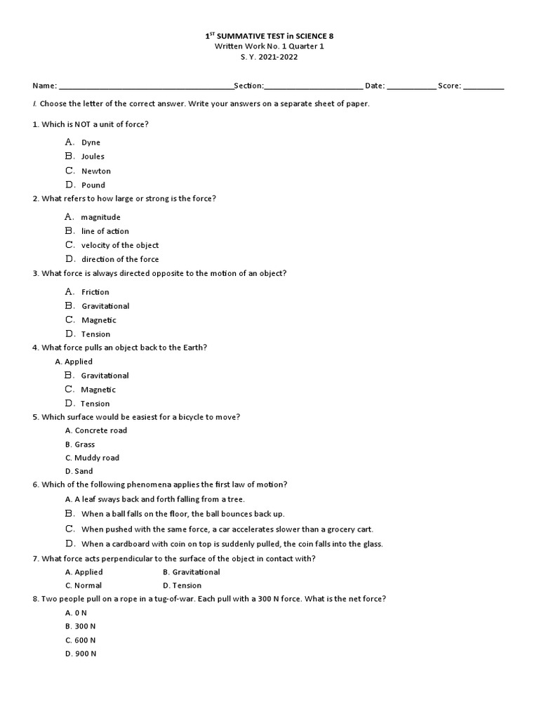 1st Quarter Science Test for Grade 4 | PDF | Force | Mass