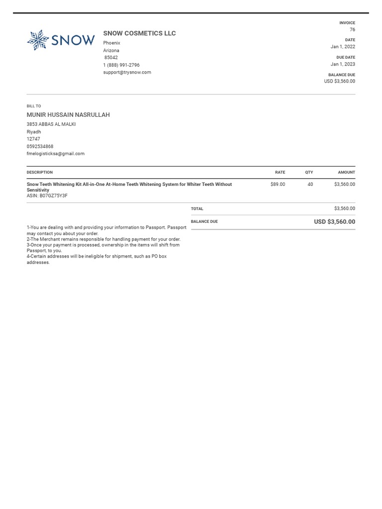 Invoice Simple - Preview Invoice 76 - SNOW COSMETICS LLC | PDF