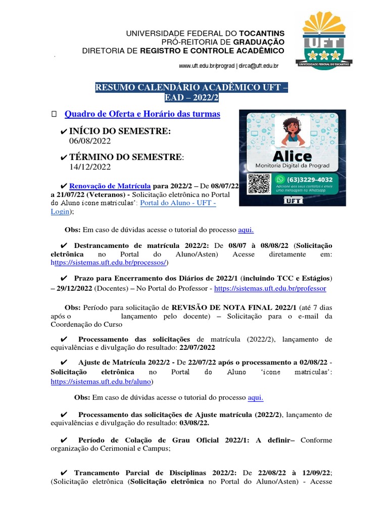 RESUMO DO CALENDÁRIO UFT 2022 2 Graduação EaD Com Links e