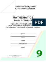 Mathematics: Learner's Activity Sheet Assessment Checklist