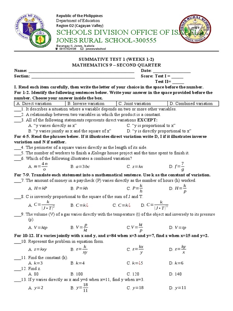 Jones Rural School Math Test 1 | PDF | Variable (Mathematics) | Mathematics