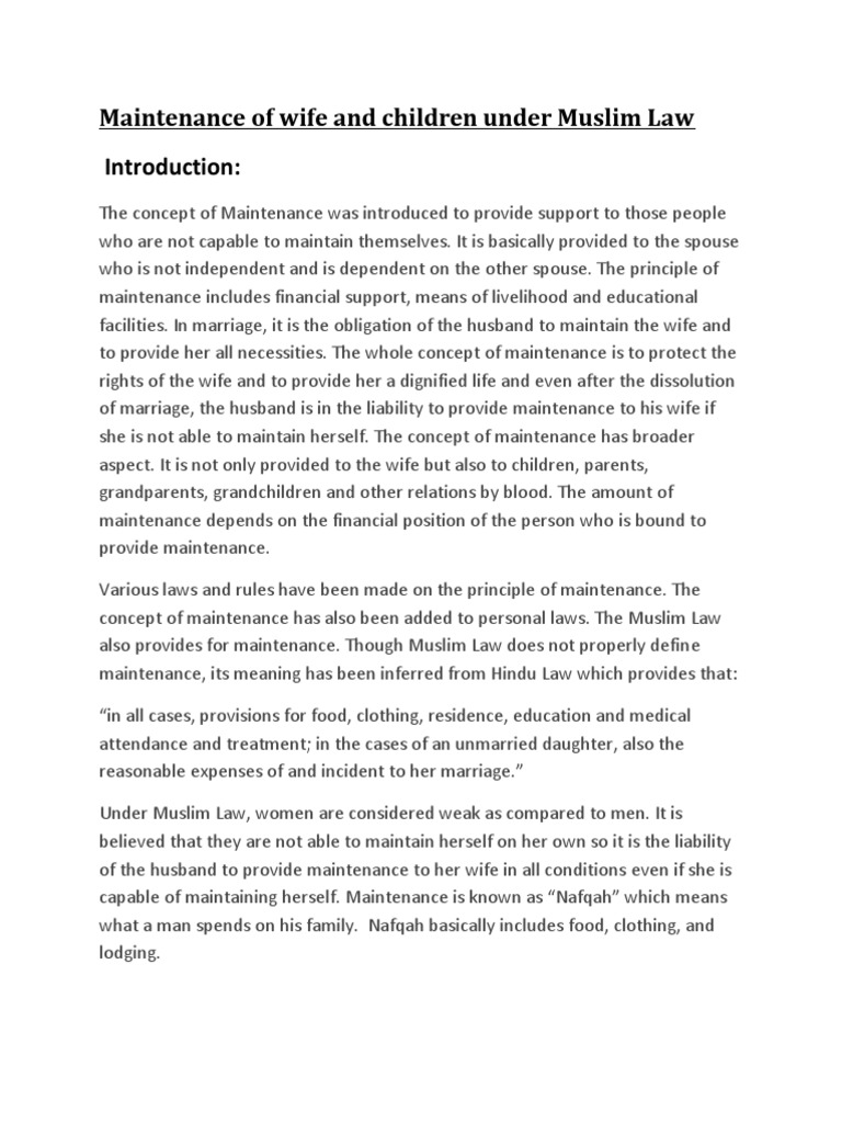 Maintenance of Wife and Children Under Muslim Law PDF Public Law
