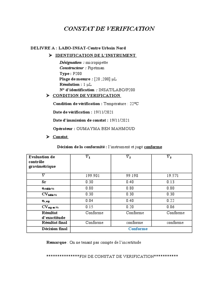 Constat de Vérification Métrologique | PDF