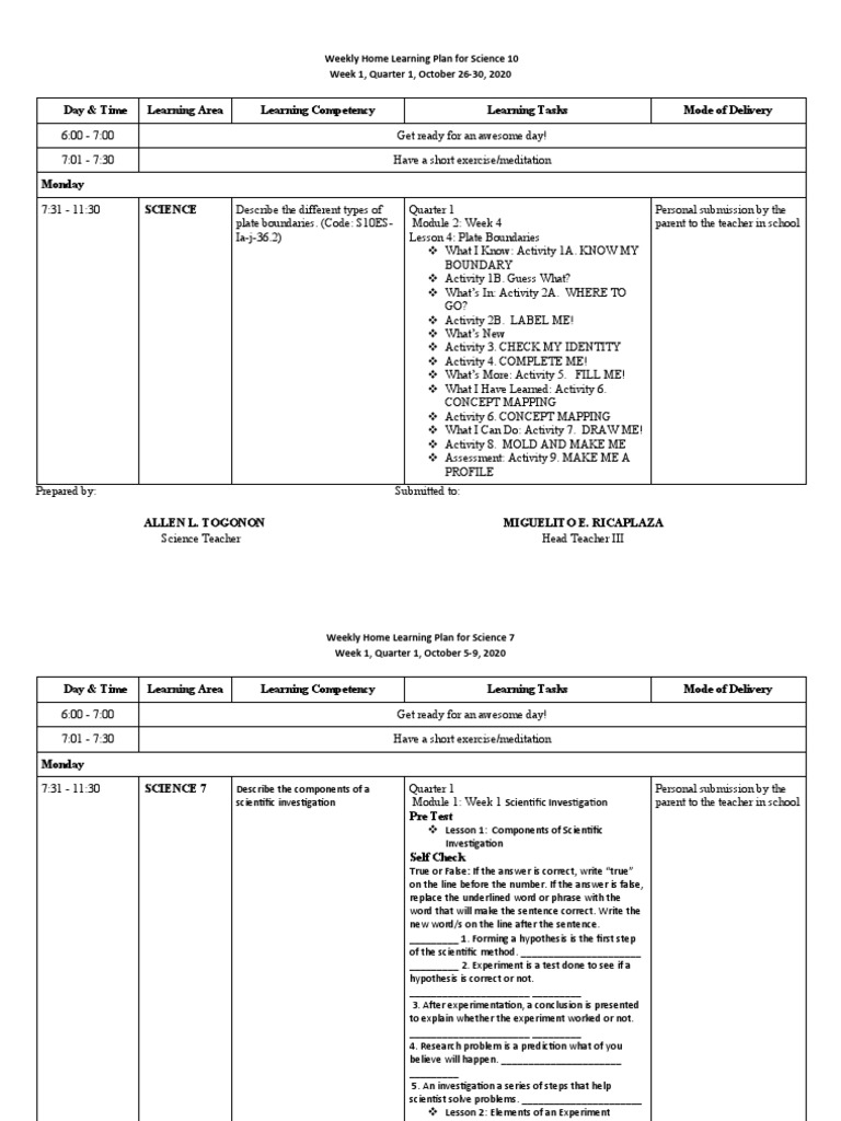 Weekly Science Learning Plans 2020 | PDF | Force | Volcano