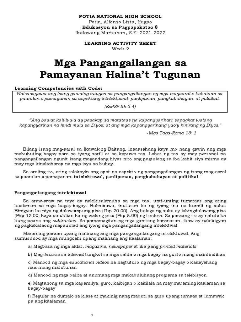 ESP 8 LAS 2 QUARTER 2 - Mga Pangangailangan Sa Pamayanan Halina't ...