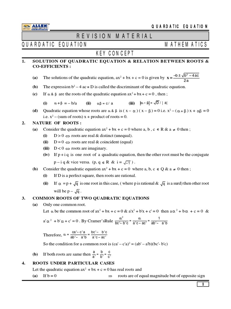 Quardatic Equation Mathematics Key Concept | PDF | Quadratic Equation ...