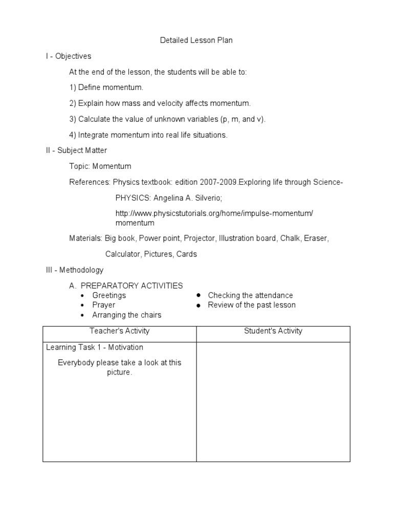 Detailed Lesson Plan (G9, 4th Quarter) PDF Momentum Velocity