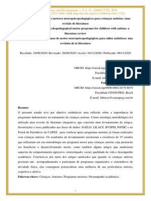 PDF) Efeitos de sessões de psicomotricidade relacional sobre o perfil das  habilidades motoras e controle postural em indivíduo com transtorno do  espectro autista