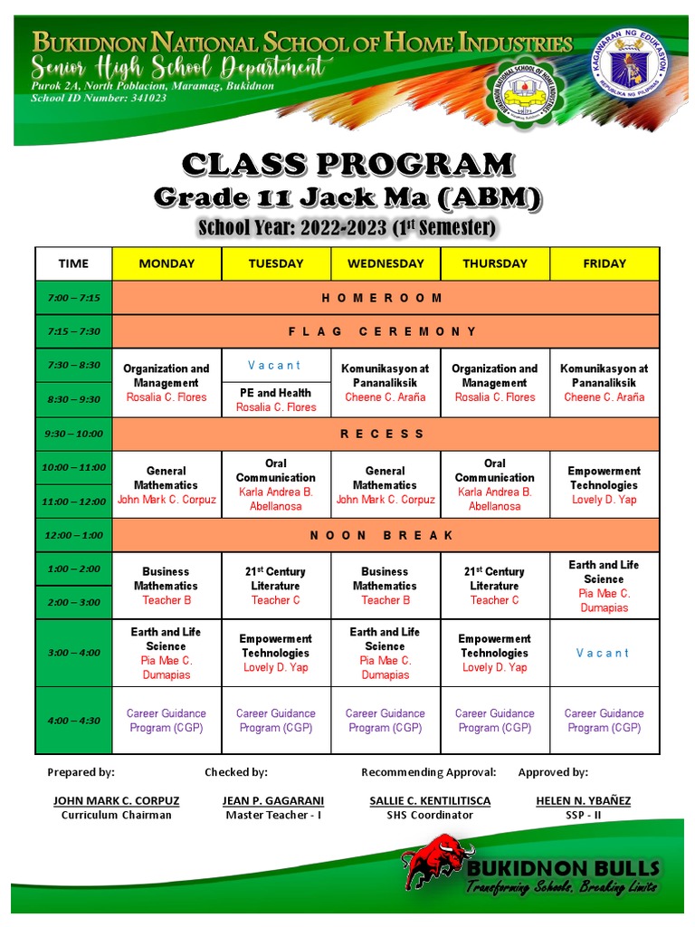 Grade 11 Class Program Overview | PDF | Academic Term | Science