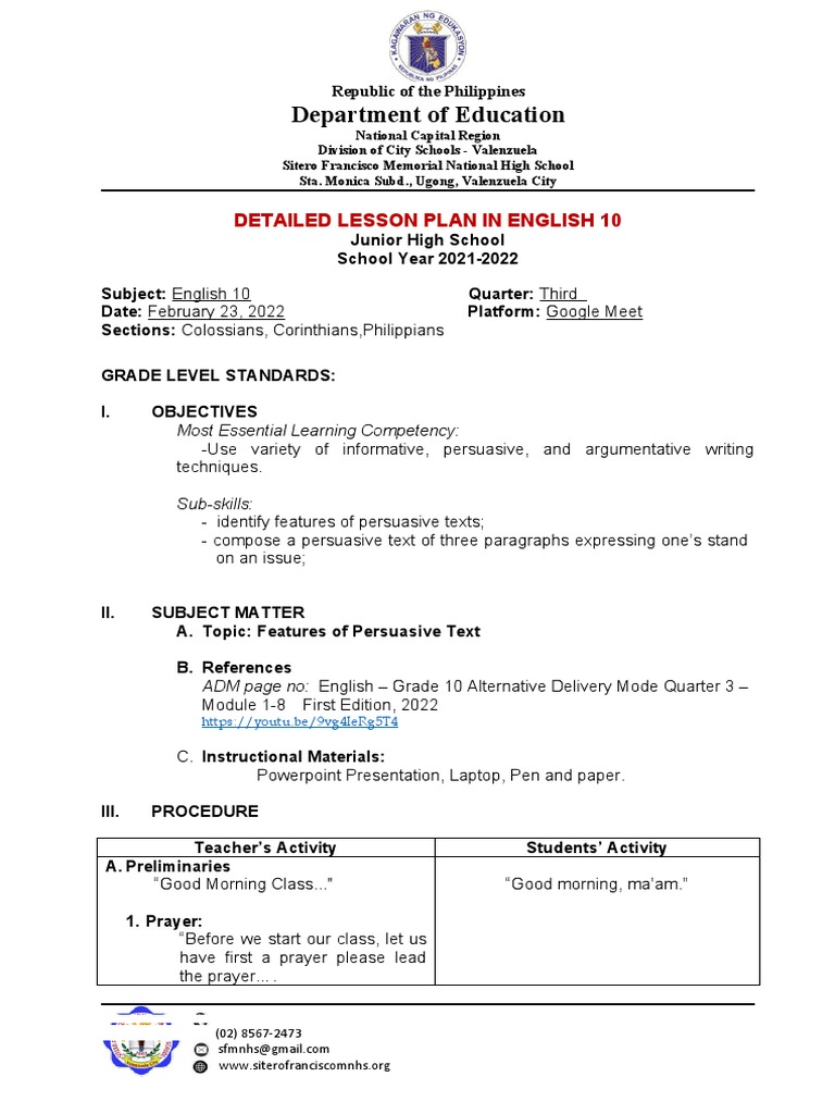 Grade 10 Persuasive Writing Lesson Plan | PDF | Persuasion | Essays