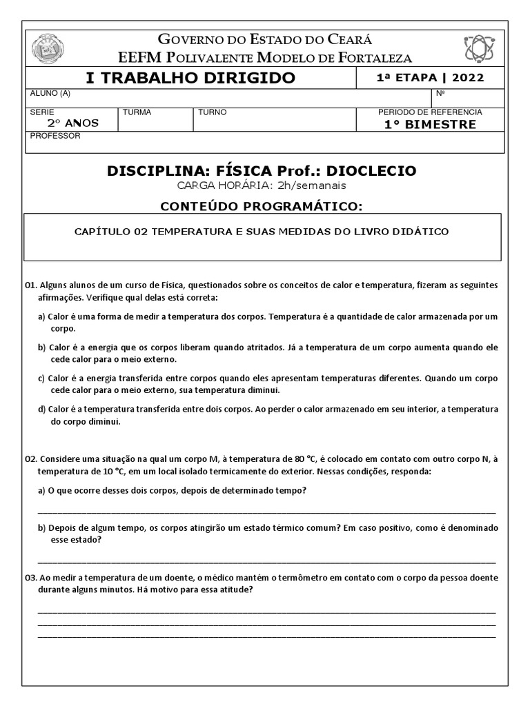 Exercícios sobre Calor e Temperatura | PDF | Temperatura | Calor
