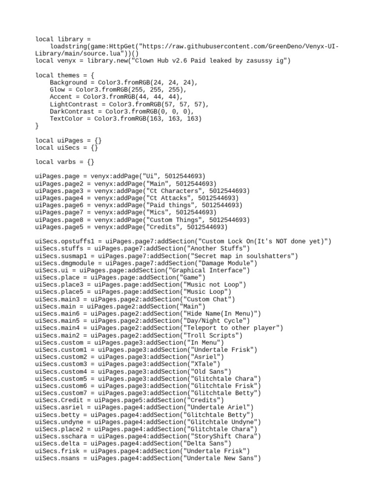 Venyx UI Library for Clown Hub Scripts | PDF | Tools | Equipment