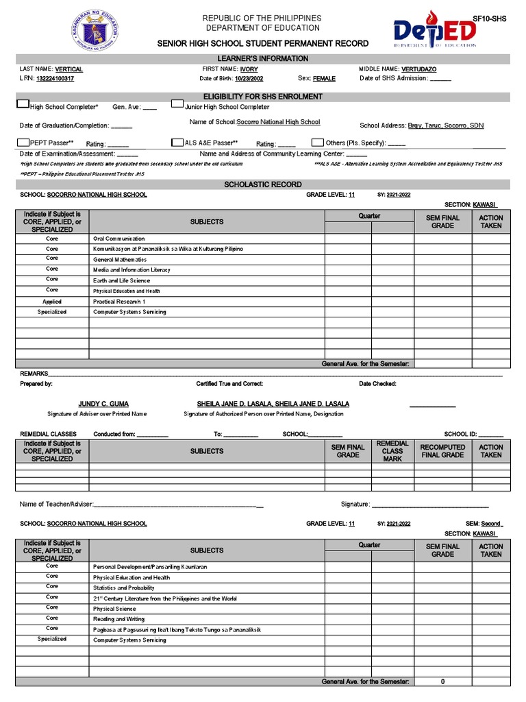 SF-10-SHS-Database | PDF | Middle Schools | Schools