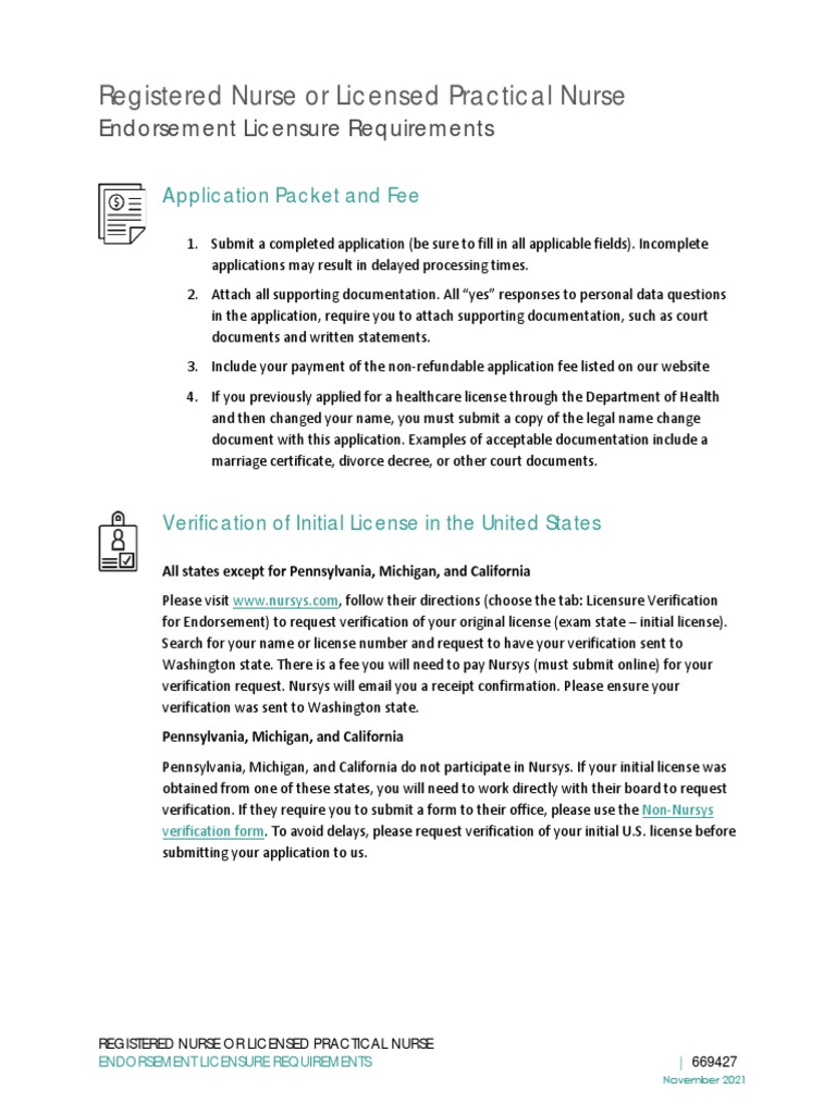 Registered Nurse or LPN Endorsement Licensure Requirements PDF