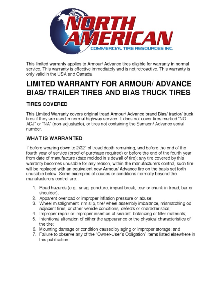 Advance Armour Warranty PDF Tire Vehicle Technology