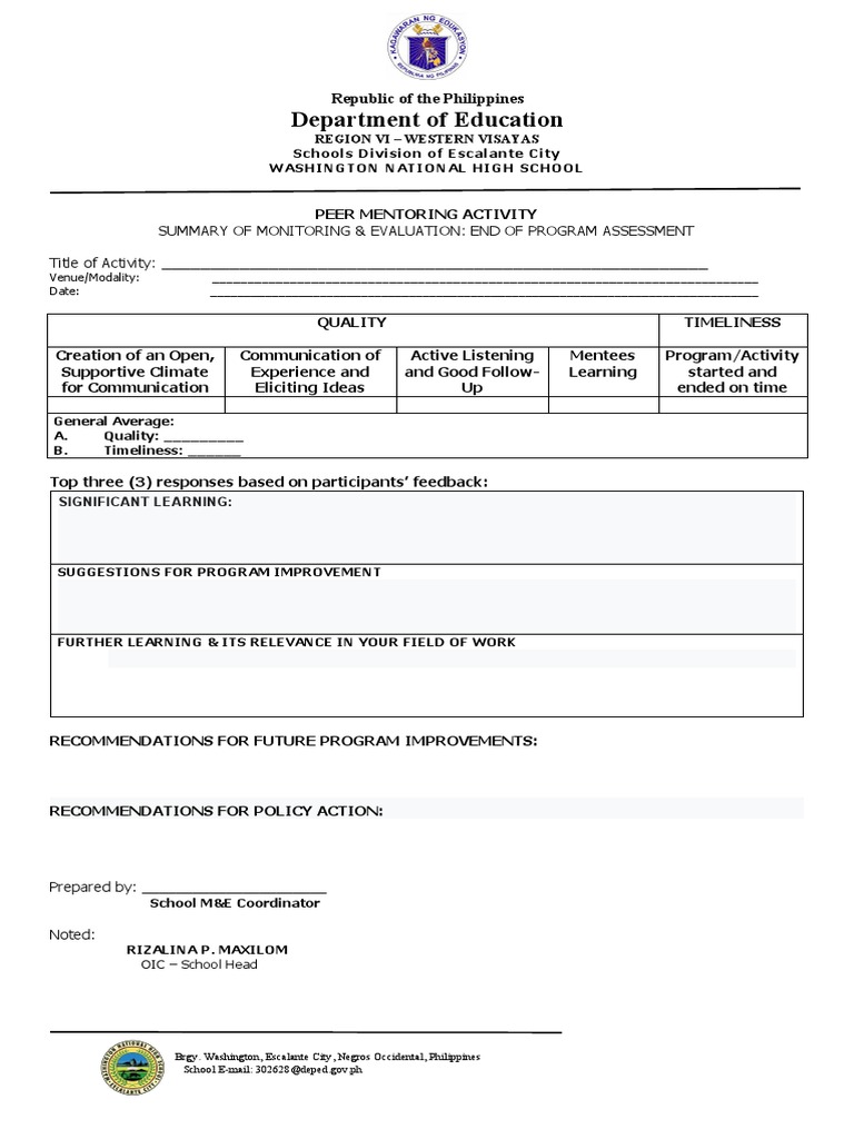 PEER-MENTORING - Summary Report - School Level M&E | PDF | Learning ...