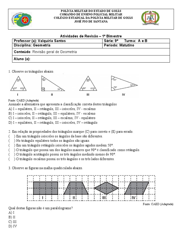 Atividades para Revisão Geometria 9º Ano | PDF | Triângulo | Objetos ...