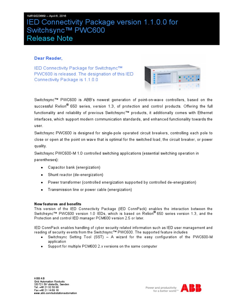 Release Note: IED Connectivity Package Version 1.1.0.0 For Switchsync ...