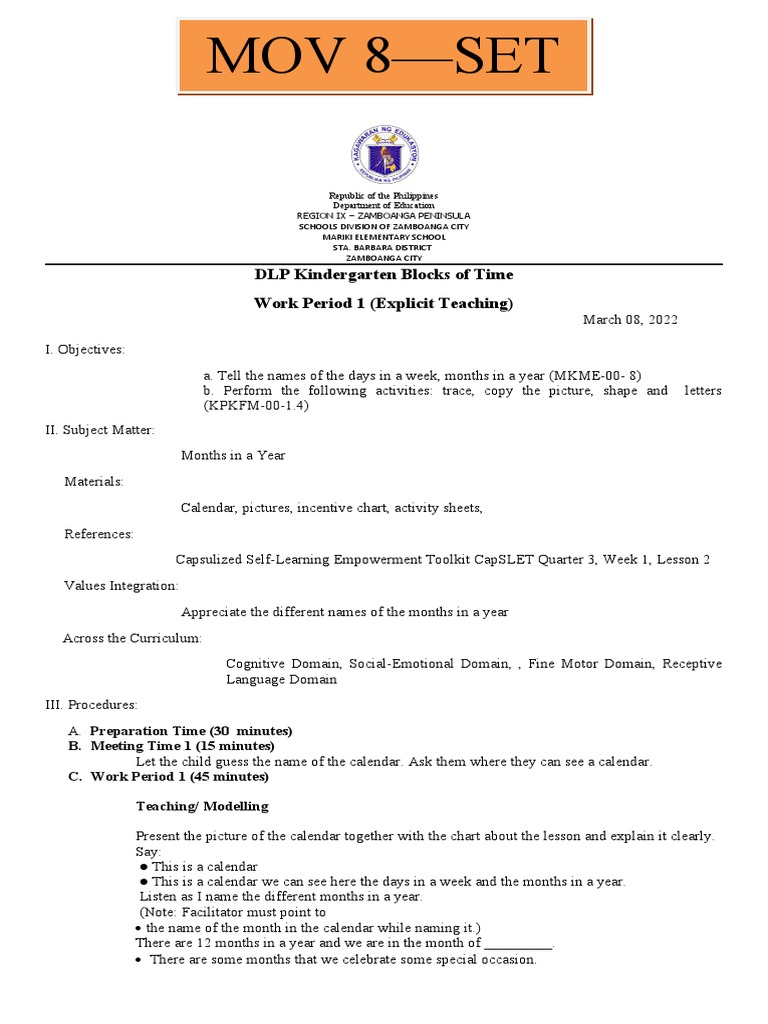 Mov 8Set A DLP Kindergarten Blocks of Time Work Period 1 (Explicit