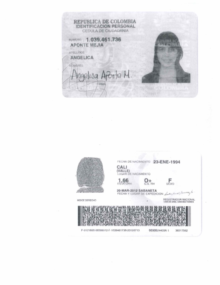 Cedula Angelica Aponte Mejia Esposa Andres Martinez Bautista | PDF